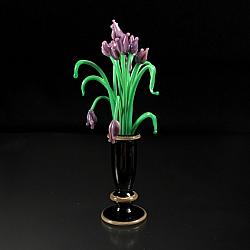 Black Tulip Vase with Silvered Ivory Accents and Purple Flowers