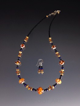 Blue and Amber Lampwork Necklace Set