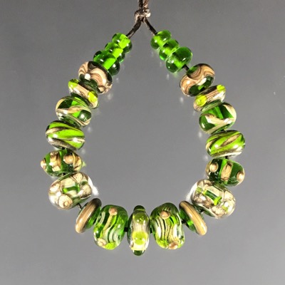 Green and Silvered Ivory Glass Bead Set #105